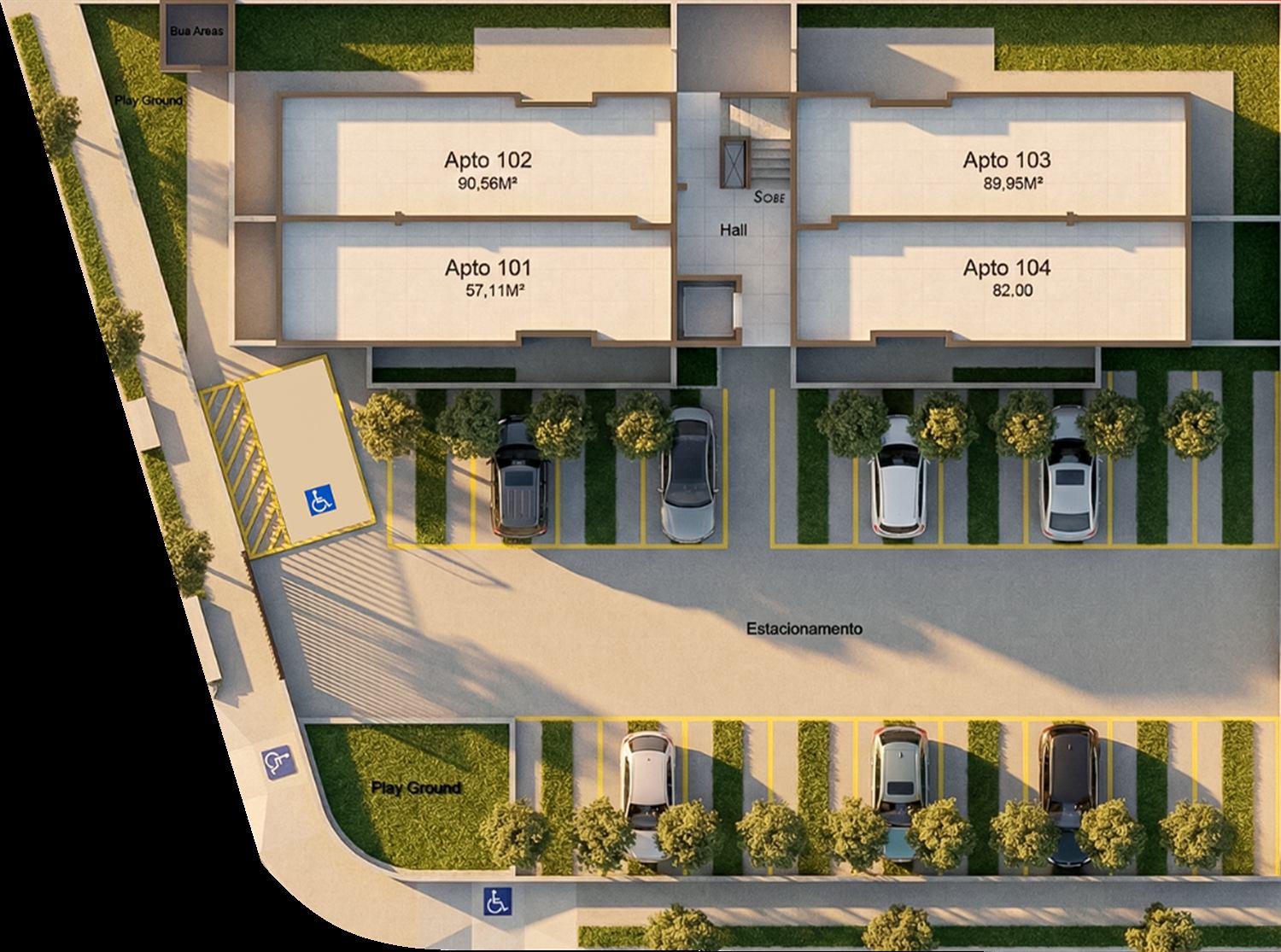 Implantação do Felicitá com plantas dos apartamentos